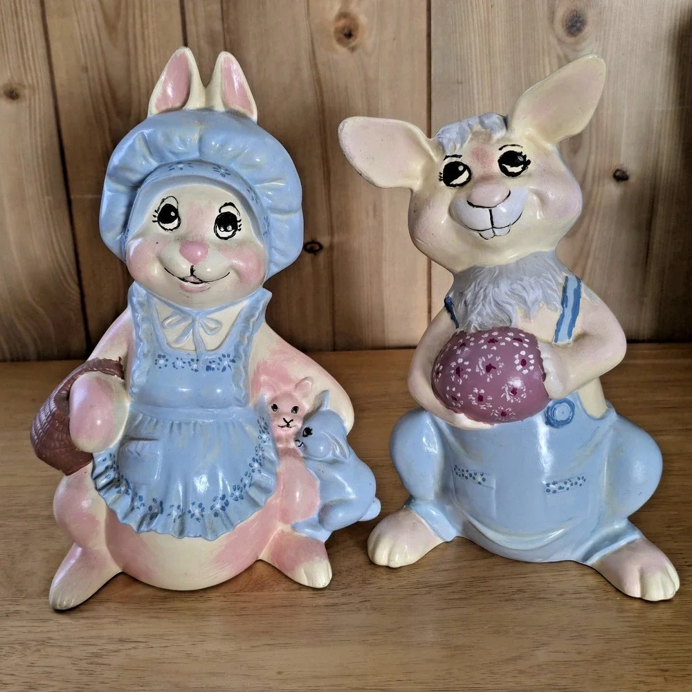 Vintage Byron Mold Easter Bunny Rabbit Figurines Set of 2 Hand-Painted 1970s
